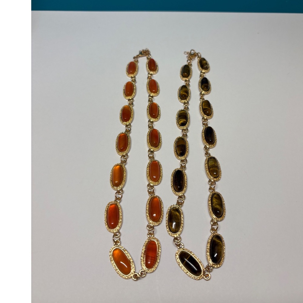Vintage Style Gold Tone Tiger Eye & Carnelian Cabochon Link Necklace Set 18in